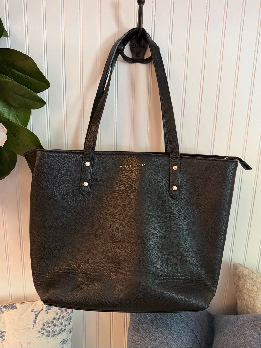 Poppy & Peonies Black Pebbled Tote